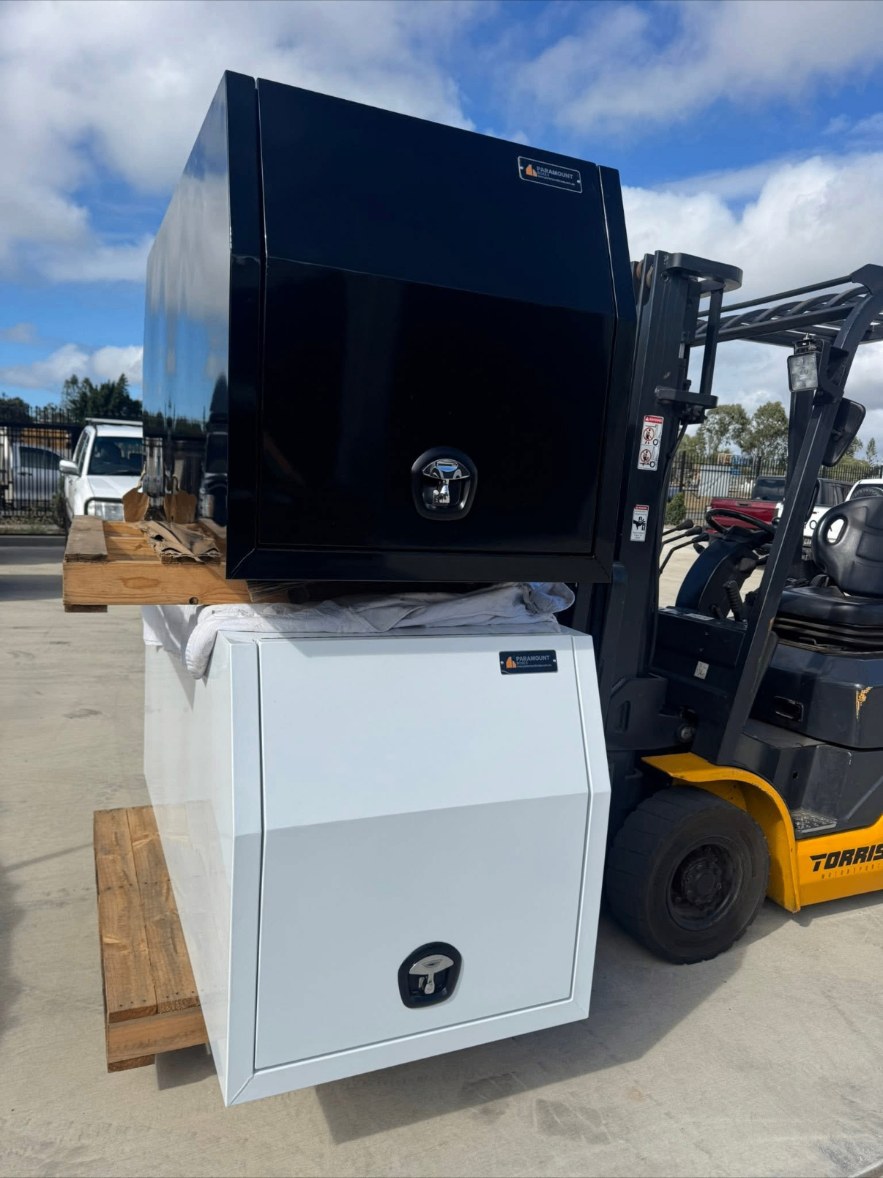 Powdercoated steel and aluminium heavy duty toolboxes on a forklift