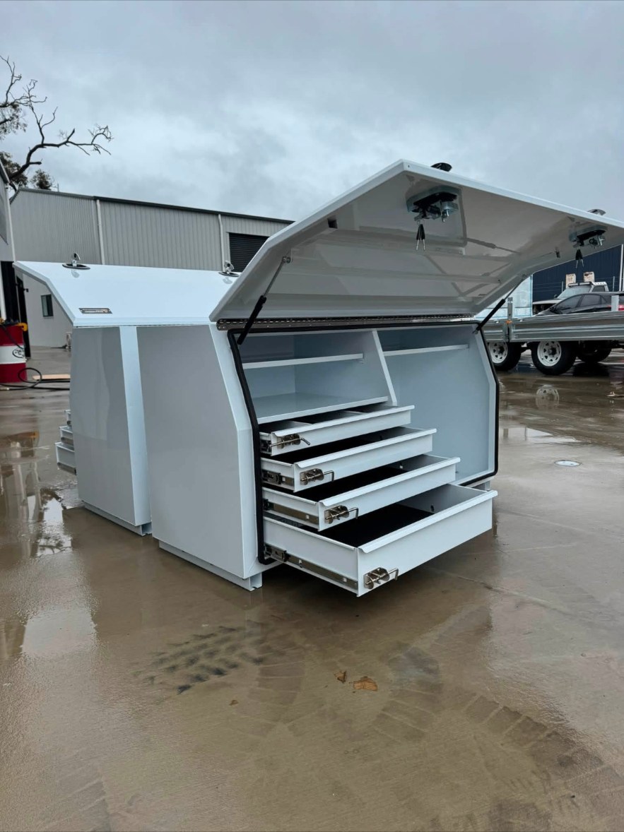 White ute canopy with drawer system open